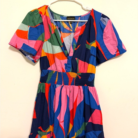SugarLips Colorblock Abstract Print Smocked Waist Midi Dress | Size M - Picture 3 of 9